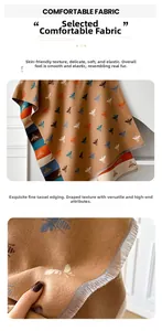 Close-up of soft cashmere-like fabric with colorful bee prints and fine tassel edges