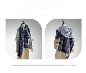 Detail showing versatile styling of a blue and grey cashmere-feel plaid shawl for winter