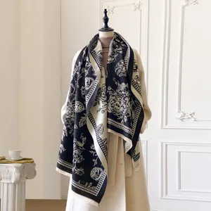 Women Thickened Imitation Cashmere Scarf Floral Print Houndstooth Shawl With Tassels Double Sided Winter Warm Wrap Elegant Fashion