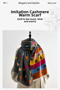 Detail of soft cashmere-like warm scarf featuring colorful heart prints and fine tassels