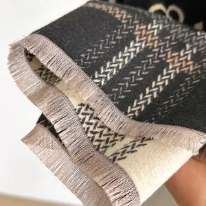 Classic herringbone plaid scarf with soft cashmere-feel fabric and grey fringe tassels