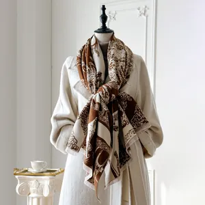 Detail of vintage Toile de Jouy cashmere-feel scarf with forest prints and fringed edges