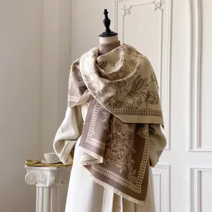 Elegant thick cashmere-like scarf with vintage floral patterns and fringe details