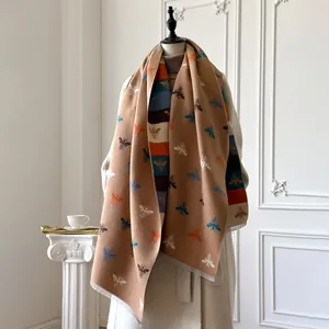 Elegant camel bee pattern shawl scarf with stripes and tassels for winter warmth
