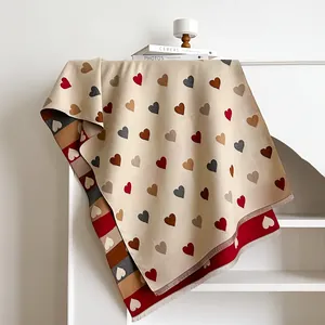 Chic heart pattern winter scarf in beige thick cashmere-like knit with soft fringes