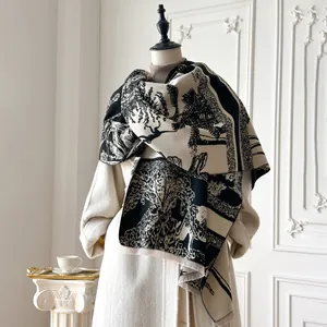 Women Faux Cashmere Scarf Winter Thick Warm Forest Animal Print Toile De Jouy Shawl With Tassels Wrap Pashmina