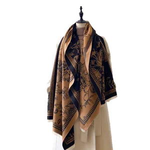 Floral print houndstooth thick cashmere-like shawl with tassels in black and camel