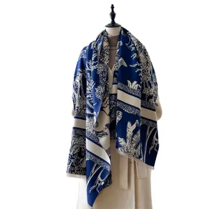Blue and beige Toile de Jouy cashmere feel scarf with nature landscape and tassels