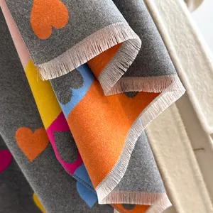 Chic multi-color heart pattern winter shawl scarf with stylish tassels and warm cashmere feel