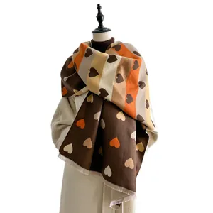 Winter heart pattern striped long cashmere-like scarf with fringe details for women