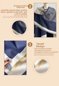 Detail eines blau-weiß gestreiften Ponchos mit Quasten und warmem, dickem Stoff