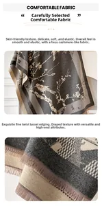 Detail of soft imitation cashmere scarf with elegant flower pattern and fringed edges