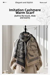 Detailed close-up of geometric Greek key pattern and floral print on cashmere feel scarf