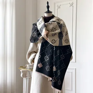 Dames Sjaal Met Bloemenprint Dikke Imitatie Kasjmier Sjaal Omslagdoek Vintage Kleurblok Bloem Kwastje Warme Winter Sjaal Voor Dames