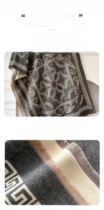 Close-up of imitation cashmere shawl showing detailed jacquard pattern and fringe trim