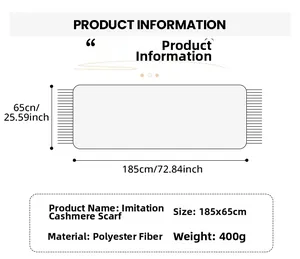 Detailed size chart showing 185x65cm dimensions and 400g weight of the cashmere-like scarf