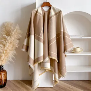 Women Autumn Winter Geometric Patchwork Poncho Shawl Cape Imitation Cashmere Warm Tassel Open Front Oversized Wrap Cardigan