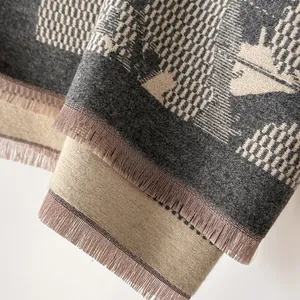 Thick grey and beige floral cashmere scarf with elegant tassels and equestrian motifs