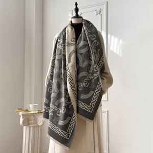 Winter jacquard shawl with Greek meander borders and Baroque floral patterns