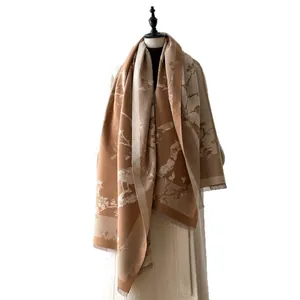 Floral cashmere-like winter shawl with vintage bird pattern and fringe tassels for women
