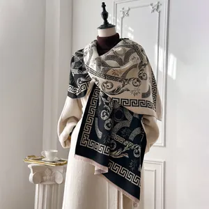 Women Baroque Imitation Cashmere Scarf Vintage Greek Key Pattern Tassel Shawl Double Sided Jacquard Winter Warm Pashmina