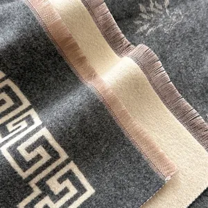 Grey and beige pashmina scarf with Greek key pattern and soft fringe tassels