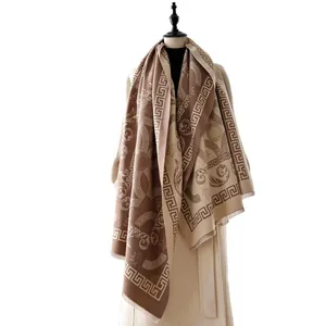 Winter faux cashmere scarf with brown geometric meander patterns and baroque jacquard detail