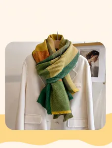 Detail of chunky knit striped scarf with rib texture in vibrant retro autumn colors
