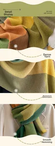 Close-up of fine ribbed knit texture and smooth edges of this colorful winter scarf