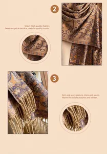 Detail of soft paisley floral scarf with long tassels and thick autumn-winter texture