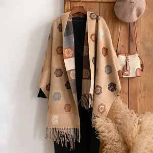 Women Fashion Rose Camellia Floral Jacquard Scarf Double Sided Imitation Cashmere Winter Warm Shawl With Tassels Soft Long Wrap