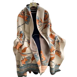 Elegant floral reversible winter shawl with orange flower pattern and tassel fringe detailing