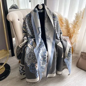 Vintage bohemian mandala print cashmere scarf in grey-blue with soft tassel edges