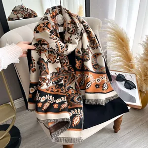 Ethnic paisley print long scarf with tassels, elegant pashmina shawl for women