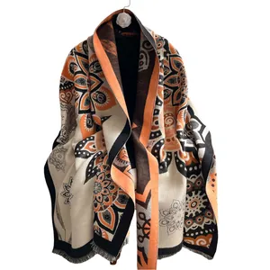 Vintage floral thick cashmere feel shawl with ethnic patterns and tassel fringe for winter
