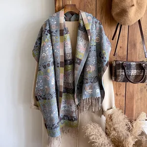 Écharpe ethnique rétro à carreaux et fleurs avec franges en patchwork bleu et marron