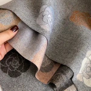 Fashionable gray cashmere shawl with jacquard floral roses for winter warmth