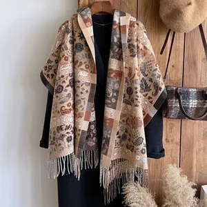 Écharpe Femme Ethnique Rétro Hiver Chaud Paisley Floral Aspect Cachemire Châle Avec Franges Bohème Plaid Large Doux Écharpe