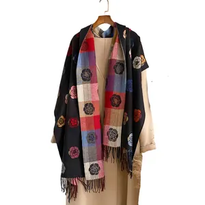Elegant jacquard rose and plaid pattern pashmina scarf with fringe for winter