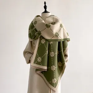 Écharpe Pashmina Réversible pour Femmes Motif Marguerite Automne Hiver Chaud Épais Châle Avec Franges Pois Jacquard