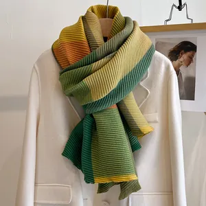 Detail view of colorful pleated scarf texture and vibrant striped pattern on white coat