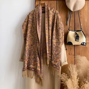 Women Floral Ethnic Scarf Vintage Jacquard Tassel Shawl Bohemian Paisley Long Scarf Polyester Cashmere-Like Warm Winter Scarf