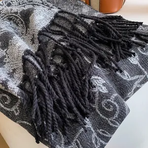 Ethnic floral gray scarf with jacquard patterns and long tassels for autumn and winter