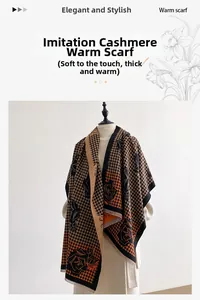 Dettaglio della sciarpa in finto cashmere con motivo pied-de-poule e fiori arancio e neri