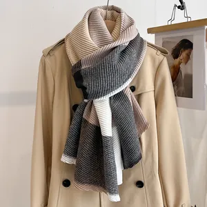 Close-up of color-block chunky knit scarf texture paired with a beige trench coat