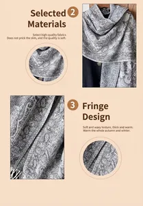 Detailed view of grey paisley jacquard scarf with decorative white fringe trim