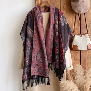 Women Vintage Paisley Jacquard Scarf Shawl Polyester Faux Cashmere With Tassels Ethnic Bohemian Winter Warm Wrap Accessory