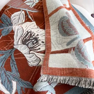 Close-up of double-sided jacquard floral scarf with fine tassel edges and thick warm texture