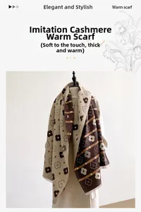 Detail of double-sided floral cashmere imitation scarf with fringe and soft texture
