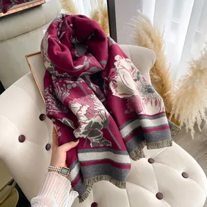 Thick burgundy cashmere-feel shawl with vintage floral prints and fringed edges for winter